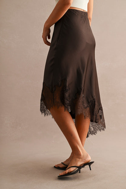 Lace Trim Asymmetric Satin Skirt