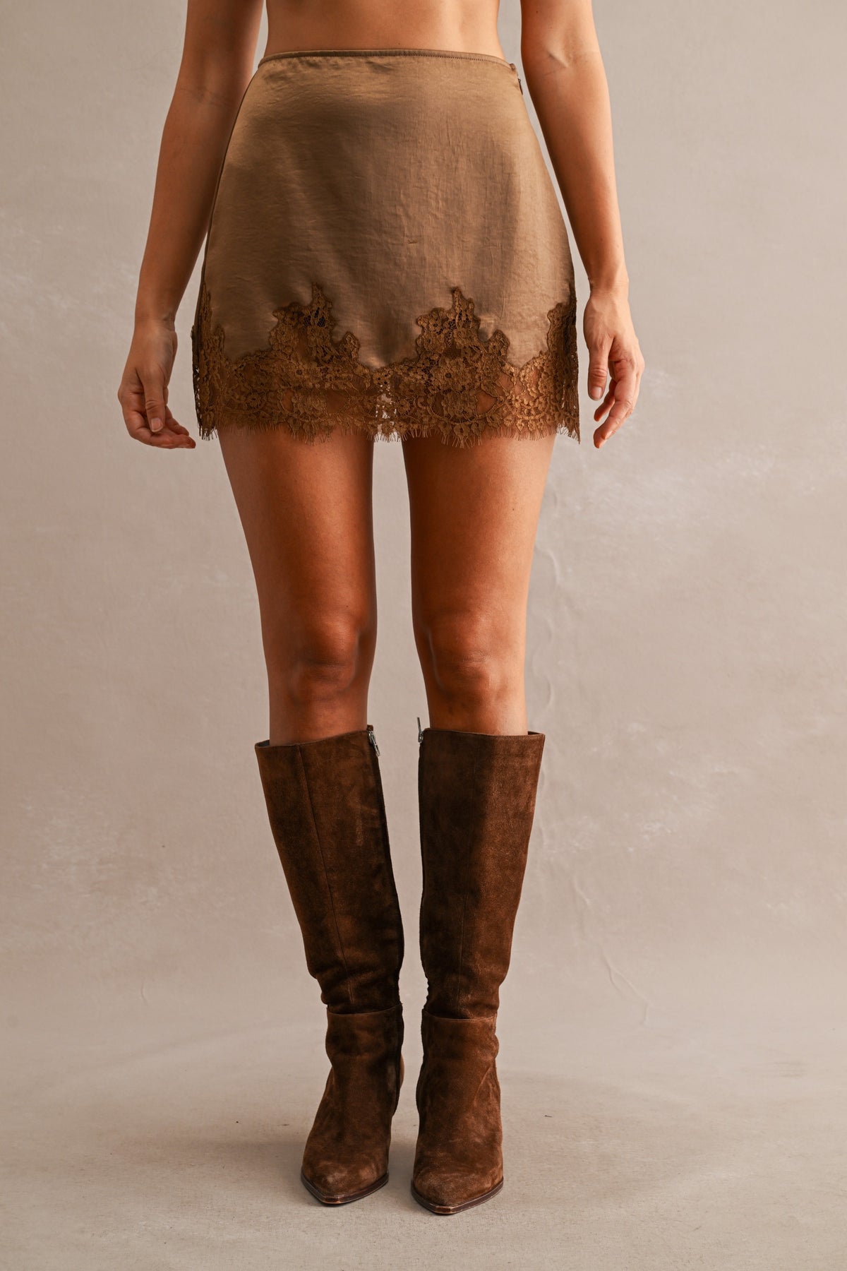 Lace Trim Mini Satin Skirt