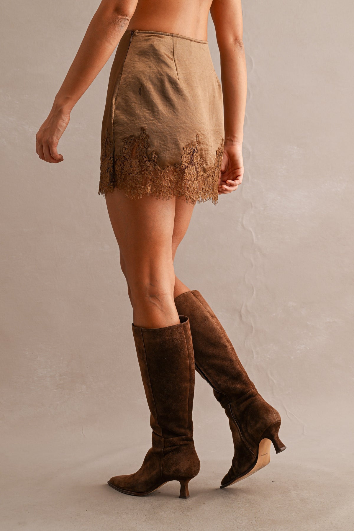 Lace Trim Mini Satin Skirt