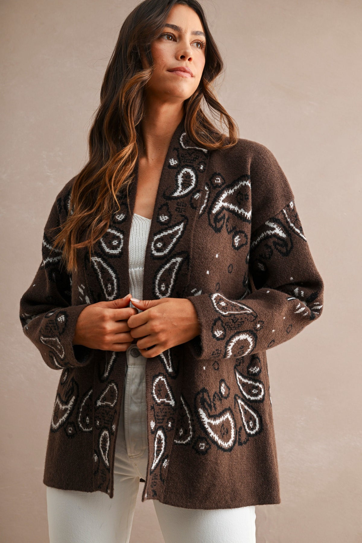 Women’s paisley jacquard knit cardigan with open front, shawl collar and relaxed fit