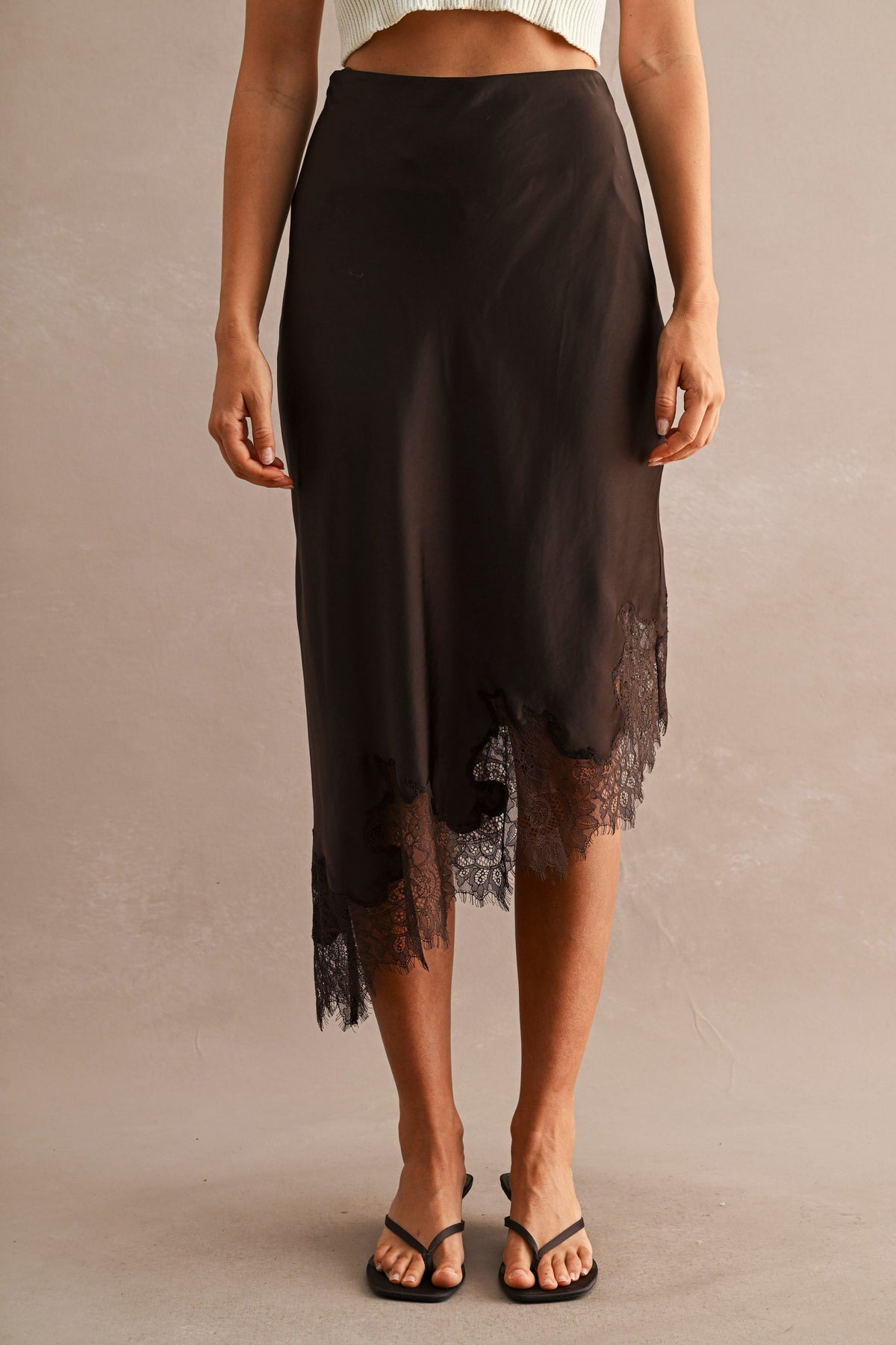 Brown midi skirt, satin-like fabric with a black lace hem