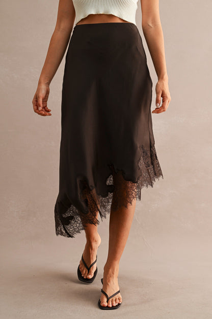 Brown Lace Trim Asymmetric Midi Skirt