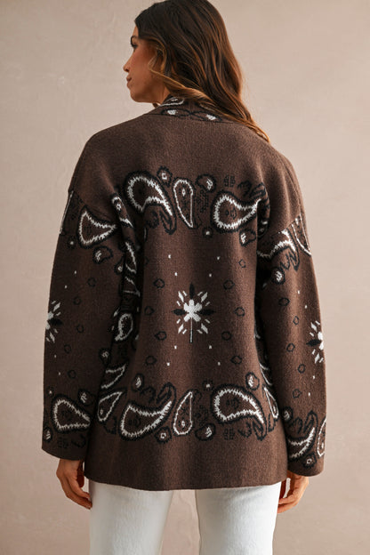 Women’s paisley jacquard knit cardigan with open front, shawl collar and relaxed fit